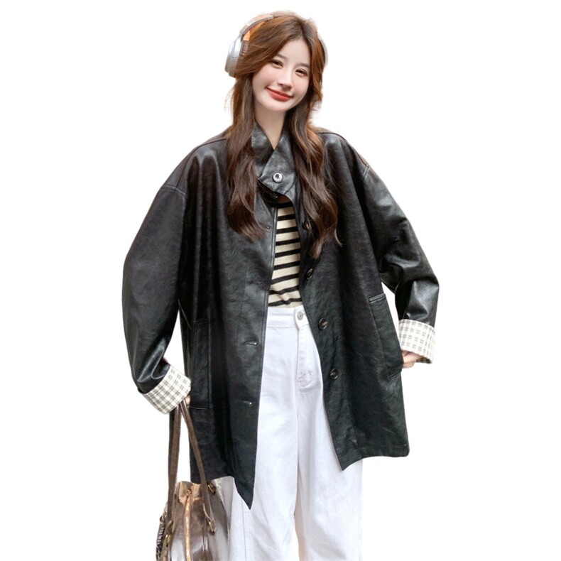 黑色韩版格子拼接翻袖皮衣外套女2025秋季新款中长款潮酷pu皮夹克,女装皮衣,2C291