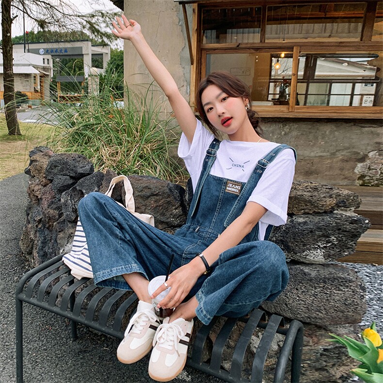 2023夏季新款休闲宽松显瘦牛仔松紧背带裤配纯色短袖T恤两件套女,女装连体裤,一九零