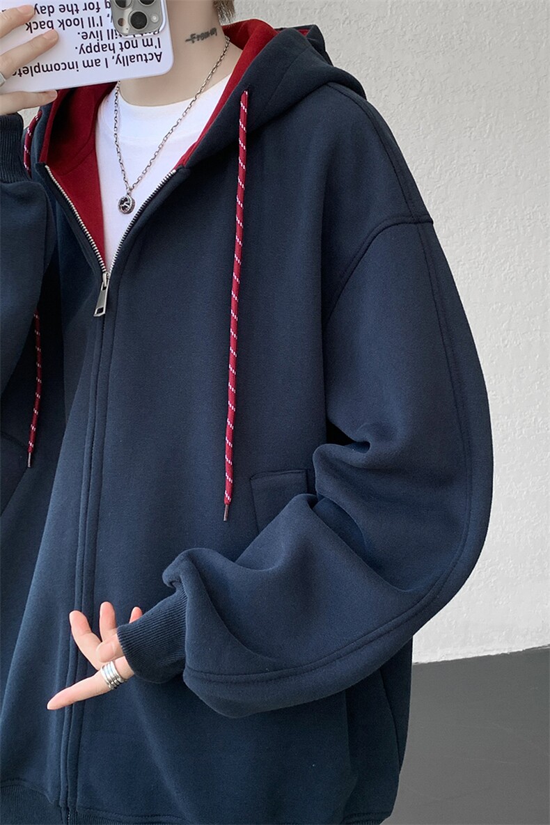 8XL-M秋连帽卫衣男宽松休闲纯色拉链开衫外套拼色帽衫运动WY27P65,女装短外套,电商D206-1