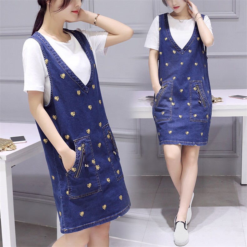 甜美圆点V领宽松腰套头两件套一步裙2021年夏季短袖中长款背带A型套装/套裙，女装套装/套裙，布衣桑