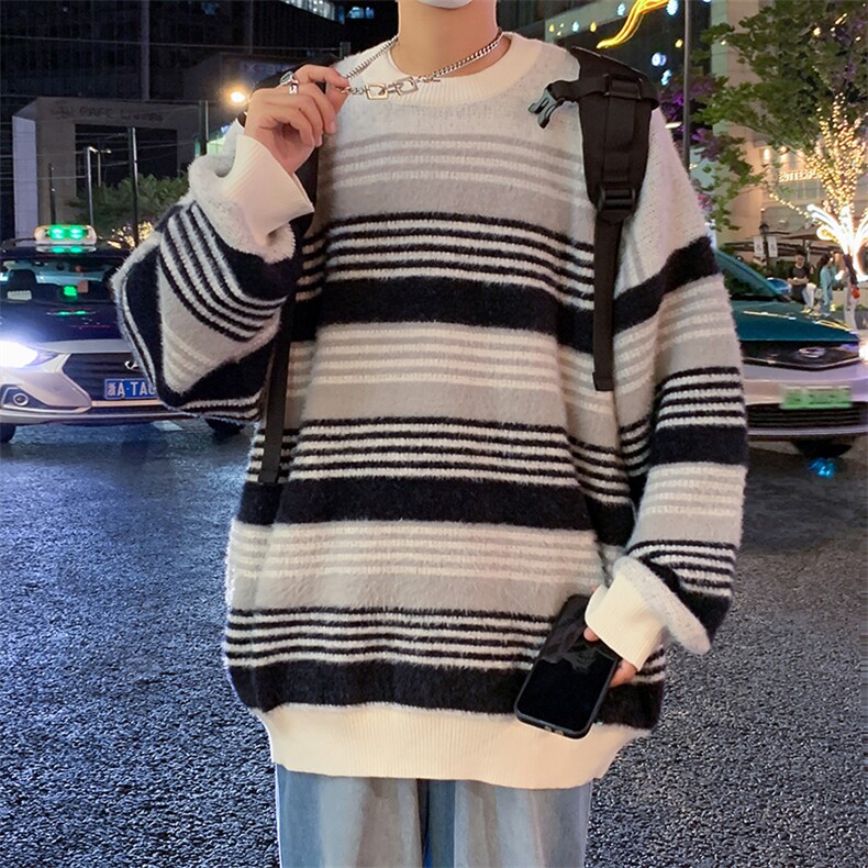 秋冬季撞色条纹圆领毛衣男针织衫潮流情侣宽松毛衣外套MY5574-P55,男装针织衫/毛衣,星座308B-2
