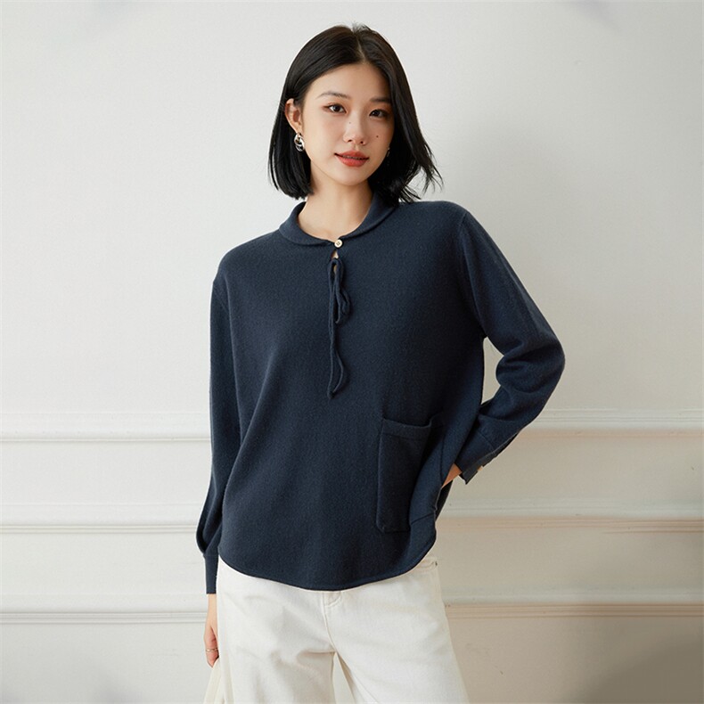 新中式女polo领纯山羊绒衫2025秋冬新款宽松针织打底毛衣娃娃,女装羊绒衫,江帆羊绒