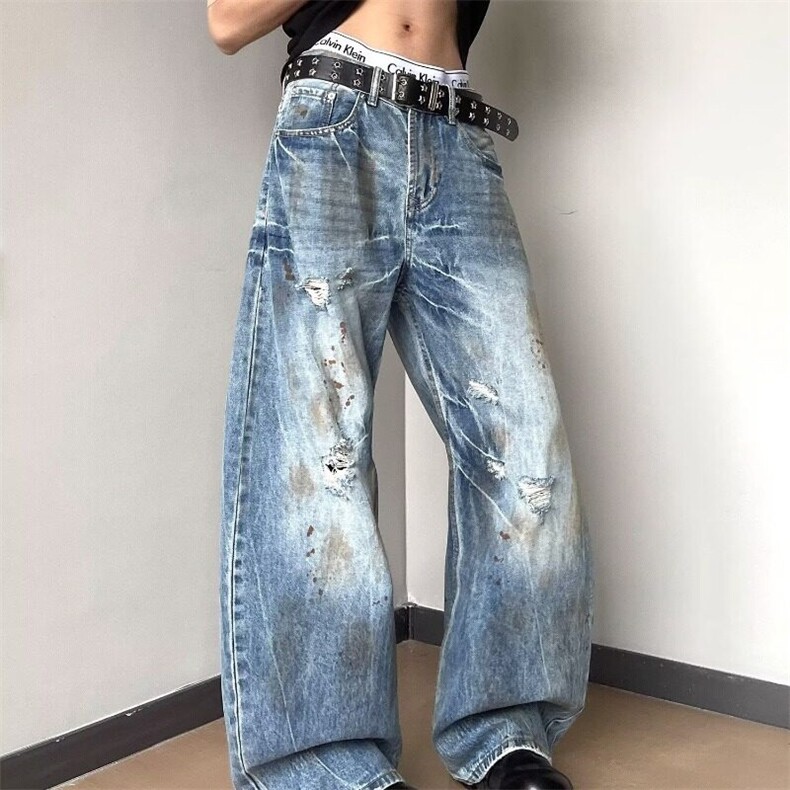美式复古街头废土风做旧脏破洞直筒牛仔裤弯刀裤男女,女装牛仔裤,星座506A