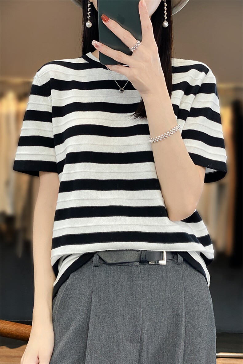 撞色条纹100%纯棉T恤女薄款圆领短袖夏季新款宽松慵懒风半袖打底,针织衫/毛衣,郡淞羊绒