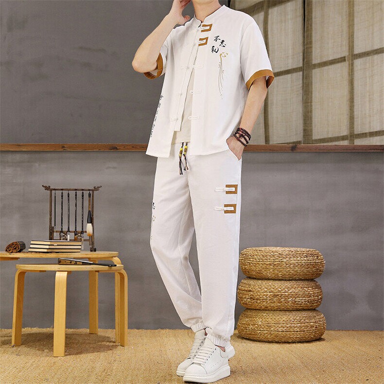 风夏季两件套男士冰丝宽松短袖套装民族男装汉服图片