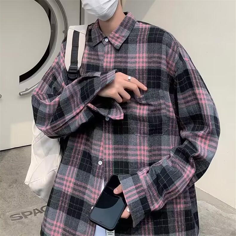 标准气质男ins潮流长袖衬衫格子青春流行日系简约原宿衬衣C324P35,男装衬衫,星座1116-2