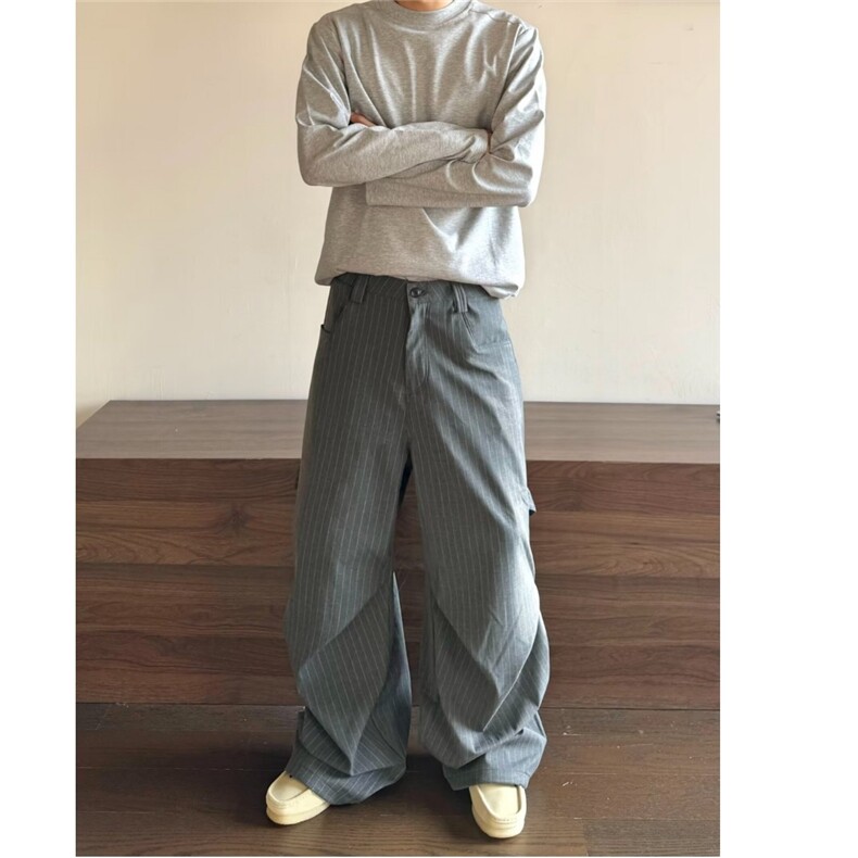慵懒随性松弛条纹撞色低腰西装裤宽松阔腿显瘦直筒长裤,男装西服套装,星座506A