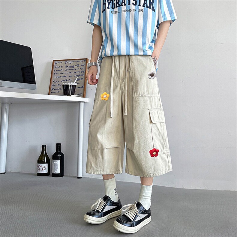 夏季新款2025工装七分裤男花朵装饰设计大口袋裤子-A2136TP55控88,男装牛仔裤,电商B241