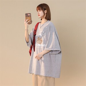 港风 2026夏季新品奶茶印花圆领休闲七分袖短袖T1094 P25----控38图片