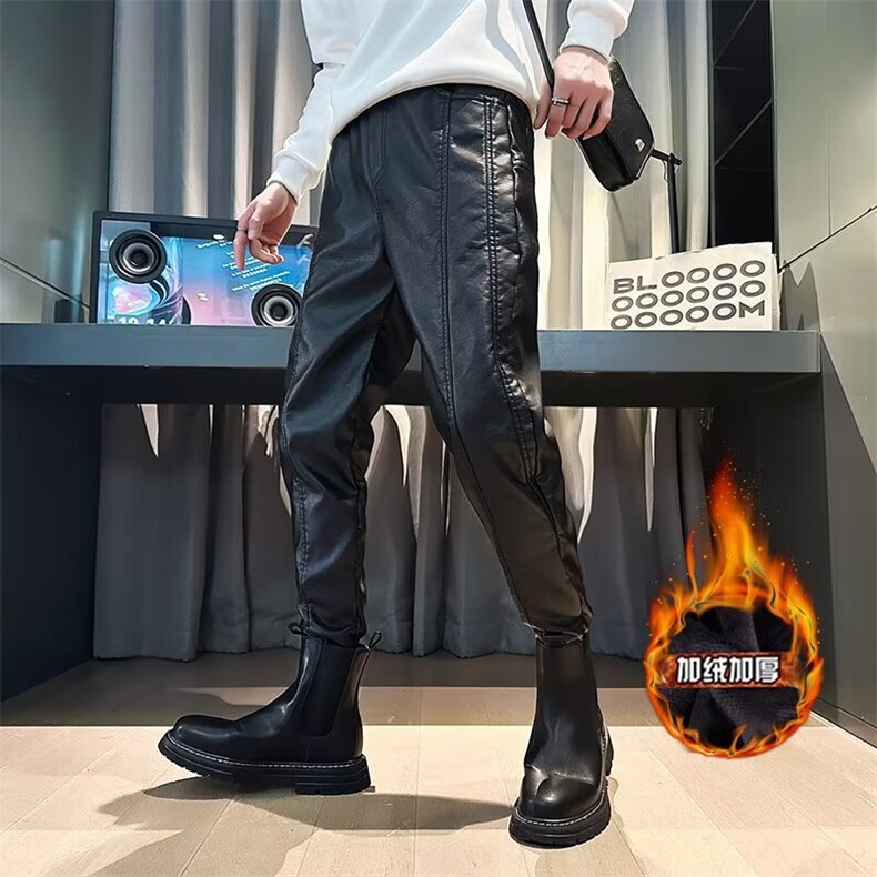 网图加绒加厚潮流韩版痞帅PU机车风束脚ins休闲皮裤PK8893-特P60，男装皮裤，电商C216