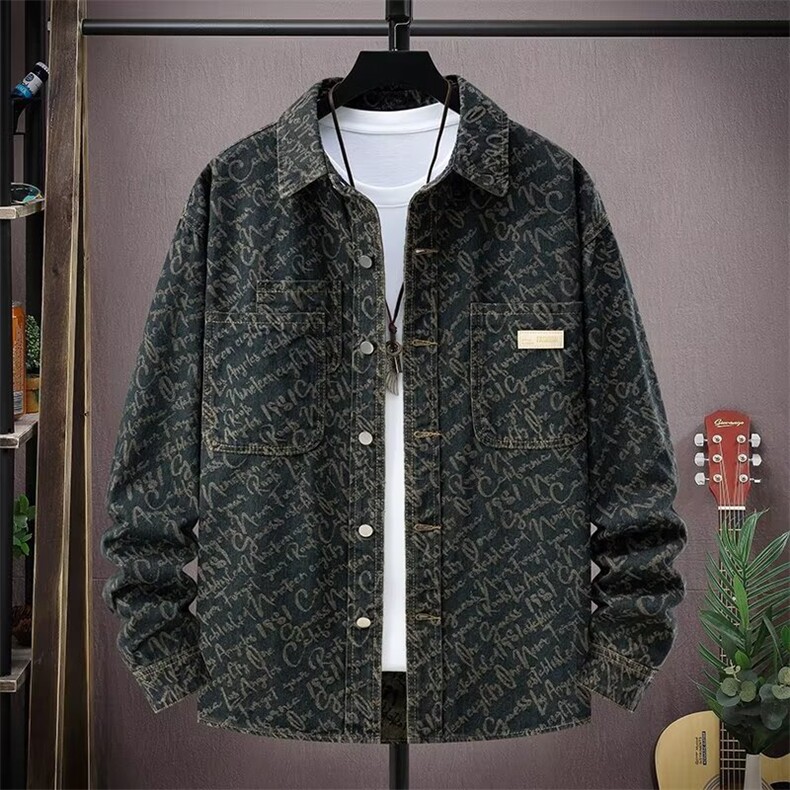 秋季新款翻领提花牛仔夹克外套复古潮男上衣XZ310B-3-NZ223-P65，男装工装外套，星座310B-3