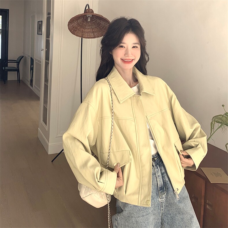 独特超好看浅黄色短款翻领pu皮衣外套女春秋2025新款绝美休闲夹克,女装短外套,2C269
