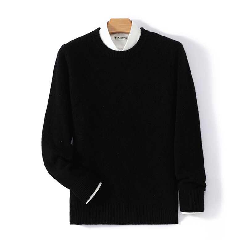 重磅加厚100%纯羊毛衫男圆领菱形提花毛衣宽松休闲羊毛针织打底衫，男装羊毛衫，德晨羊绒