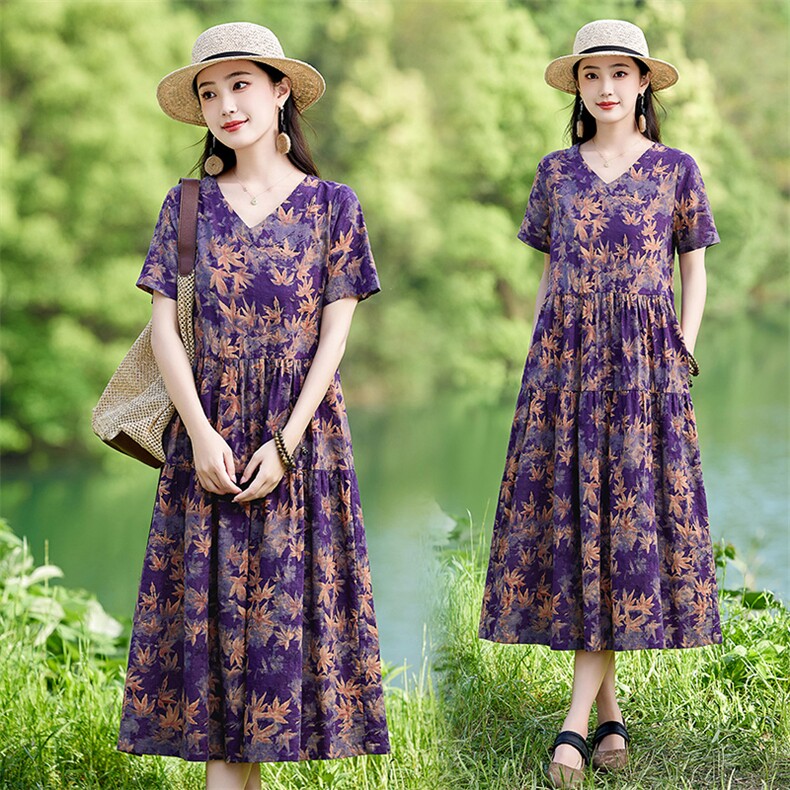 棉麻碎花连衣裙女夏季2025新款显瘦休闲气质薄款短袖V领印花裙子图片