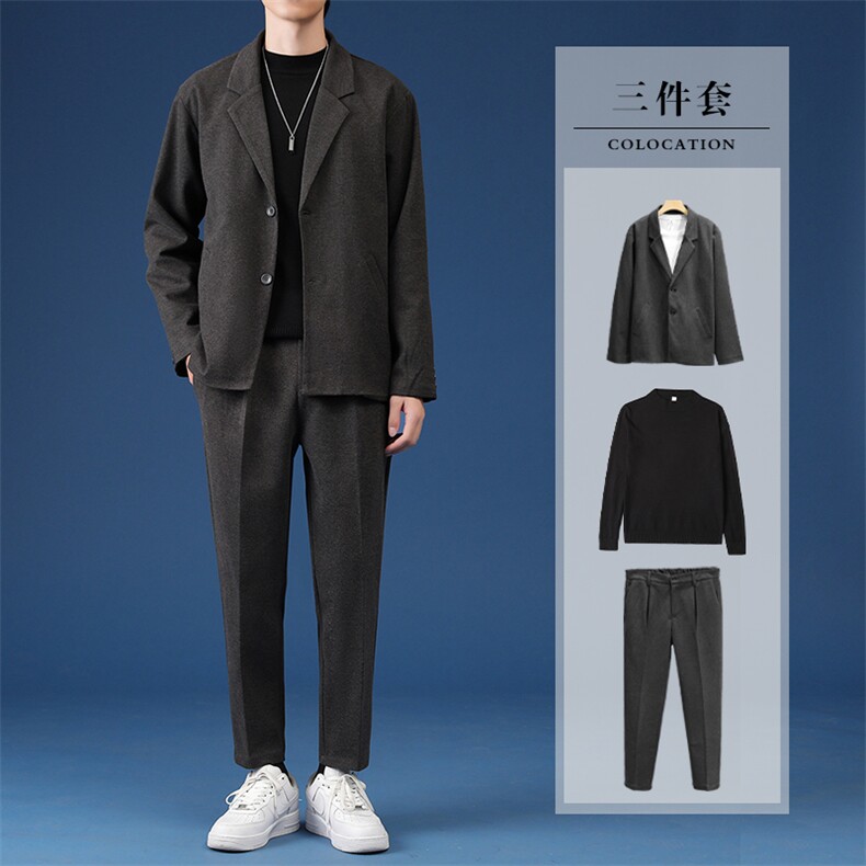 秋冬新款毛呢男士轻熟风学院风三件套潮牌港风韩版潮流毛呢套装，男装西服套装，星座505-2（原电商A260-1)
