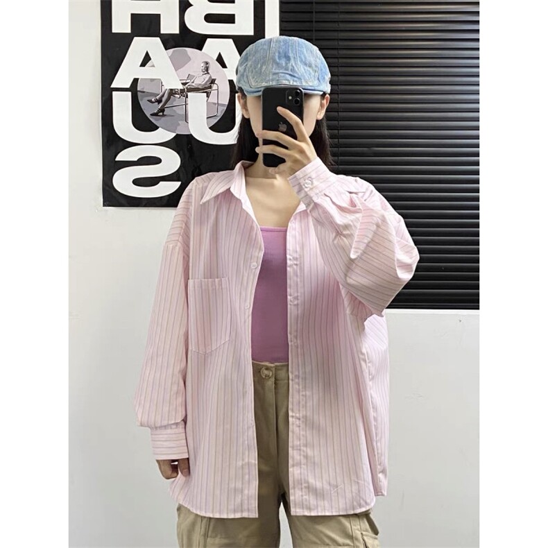 TC778-P45粉色竖条纹宽松慵懒风甜美少女防晒长袖衬衣百搭上衣,男装防晒衣,星座617A-2