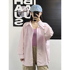 TC778-P45粉色竖条纹宽松慵懒风甜美少女防晒长袖衬衣百搭上衣，男装防晒衣，星座617A-2