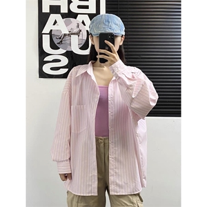 TC778-P45 粉色竖条纹 宽松慵懒风甜美少女防晒长袖衬衣 百搭上衣图片