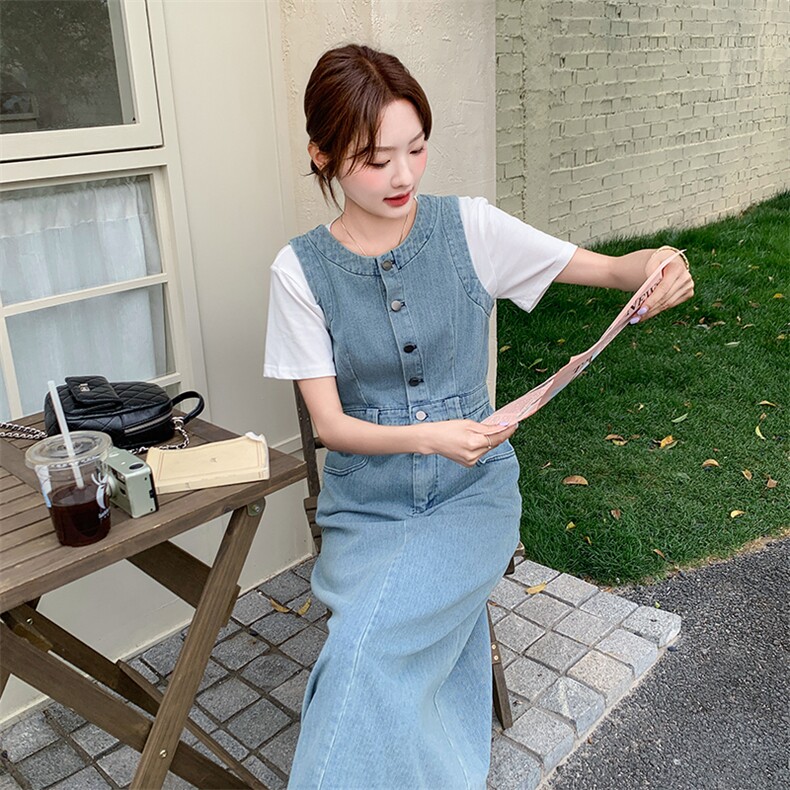 港风休闲复古牛仔背心连衣裙套装女夏2025新款长裙减龄超火巨好看,女装套装/套裙,2C260
