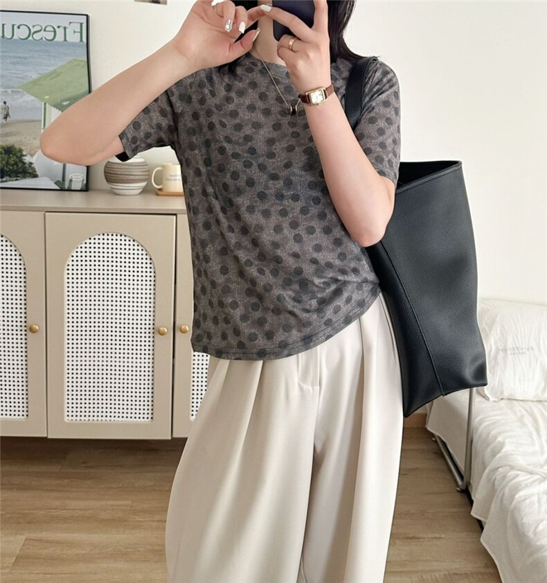 波点拼色圆领短袖针织T恤女25夏季薄款打底宽松短款,针织衫/毛衣,臻纶羊绒