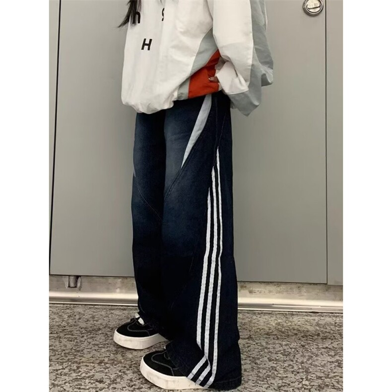 复古水洗三条杠阔腿牛仔裤高街垂感宽松直筒长裤N0096,男装牛仔裤,星座1116A（原606A-3）