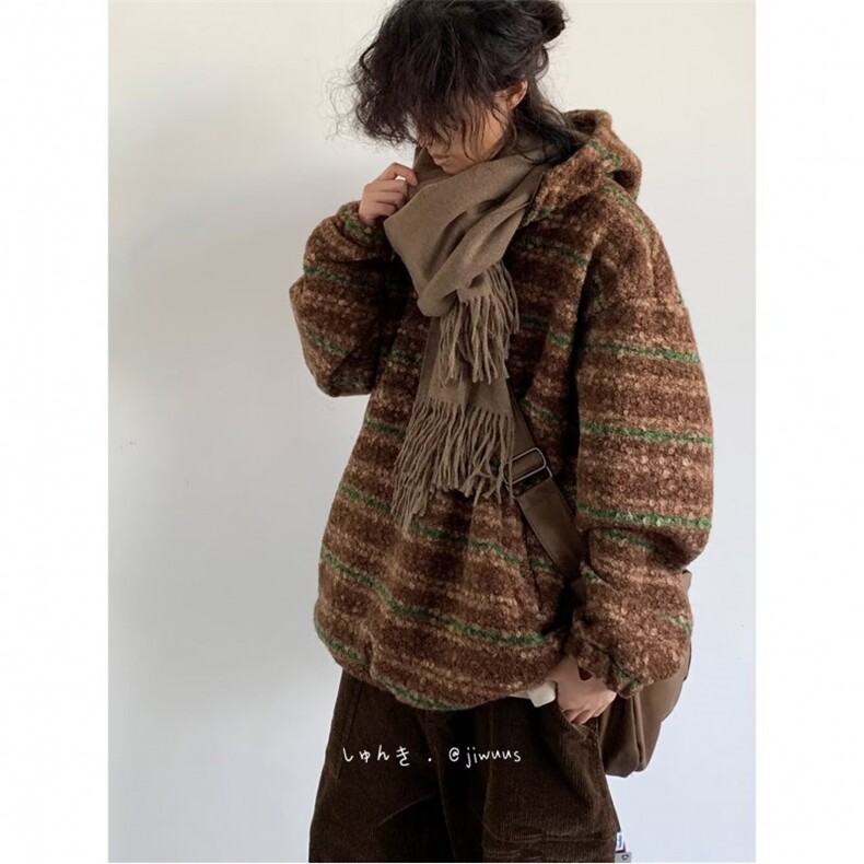 1506/QW1010/P63新款日系半拉链加厚毛呢连帽条纹卫衣男情侣外套，女装短外套，星座1506