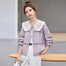 2026年春季新款时尚减龄韩系花边大翻领撞色百搭皮衣外套，女装短外套，奕薇雅