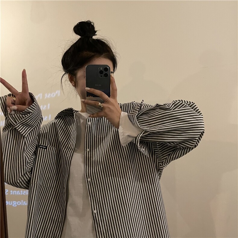 TC699-P45条纹衬衫宽松长袖衬衣韩版潮流外套休闲港风ins上衣,女装衬衫,星座617A-2