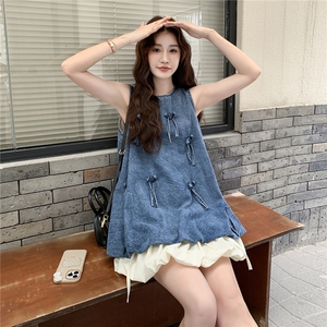 休闲显瘦套装女2025夏季新款法式甜美蝴蝶结背心花苞裙减龄两件套图片