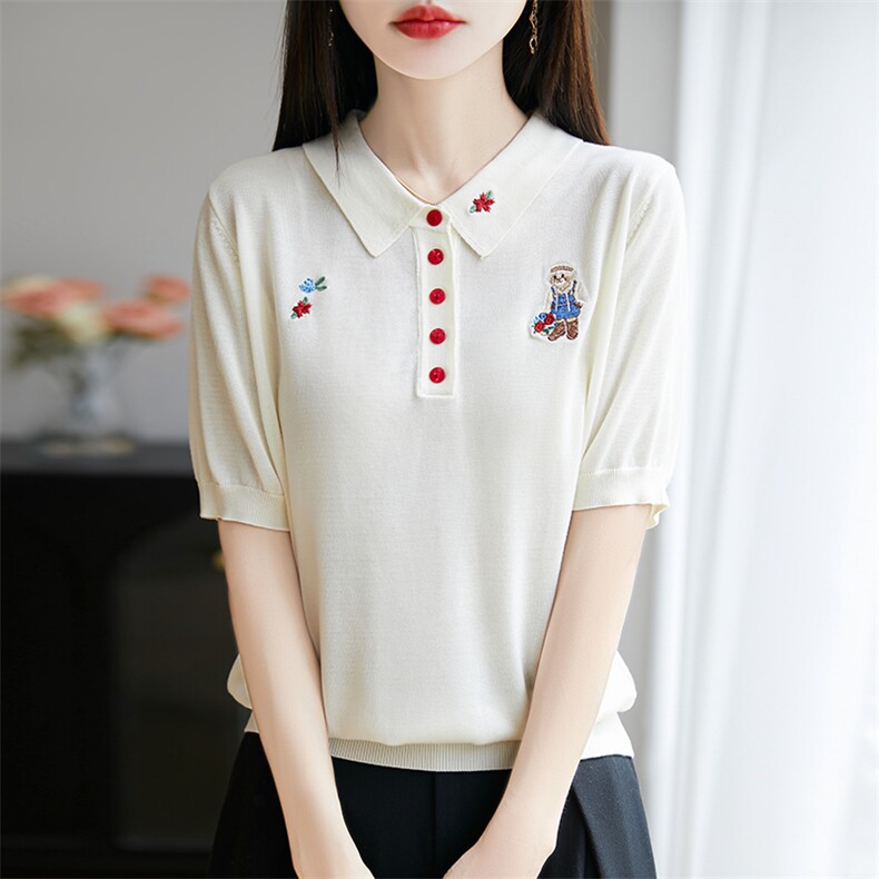 POLO领刺绣花朵小熊半开扣短袖，女装T恤，暖烁羊绒