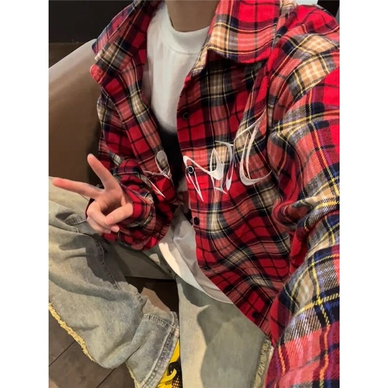 美式高街刺绣红色格子长袖衬衫男衬衣西海岸情侣外套HH06P34,男装衬衫,星座1013-5