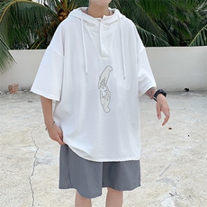 LD54147-P45连帽短袖t恤男大码胖子带帽五分袖中袖，男装T恤，电商A040