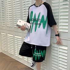 新款夏季短袖t恤套装冰丝透气港风宽松运动青少年男装TZ323P48，男装休闲套装，电商A086