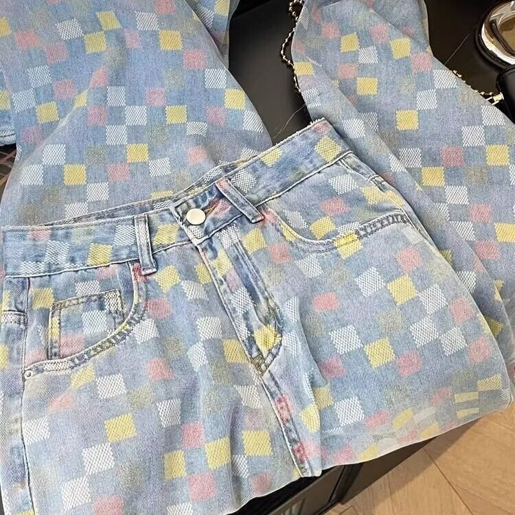 7015-P46春夏新款彩色棋盘格高街美式复古宽松显瘦阔腿牛仔裤,男装牛仔裤,电商B323A