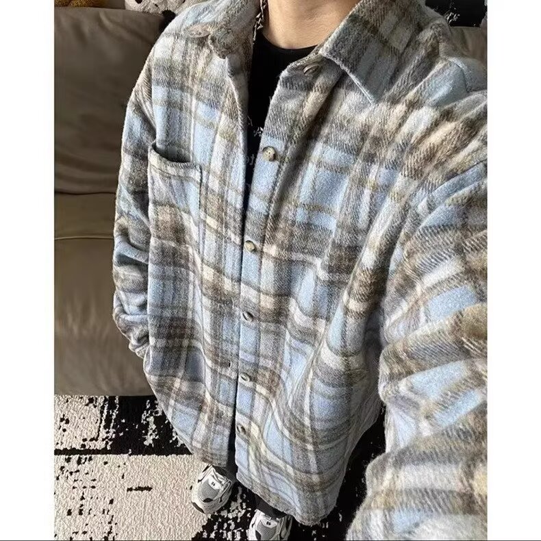 黑色磨毛格子衬衫男长袖加厚秋冬小香风外套oversize美式格纹衬衣,男装衬衫,星座506A