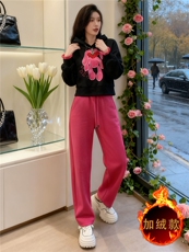 休闲运动套装女秋冬新款潮流时尚卡通刺绣连帽卫衣直筒长裤两件套，女装套装/套裙，江南