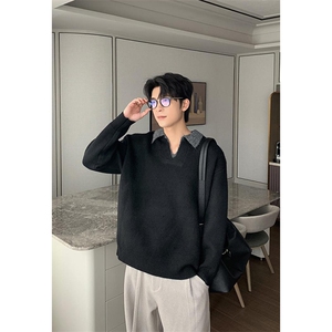 重磅北极绒假两件衬衫领毛衣美式高街复古休闲慵懒纯色翻领针织衫图片