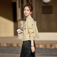 圆领小皮衣女秋秋2025年新款显瘦小个子短款机车PU皮夹克外套，女装皮衣，缘衣格