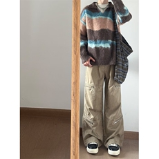 秋冬慵懒风撞色条纹情侣装v领撞色毛衣美式翻领针织衫上衣打底衫，男装T恤，四季星座505