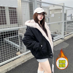 现货高品质美式高街冬季重磅硬挺短款座山雕毛领棉衣男女加厚外套