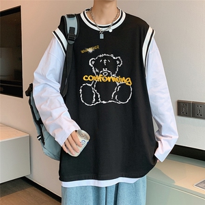 秋季潮流港风宽松圆领假两件T恤男新CT6603P45控58