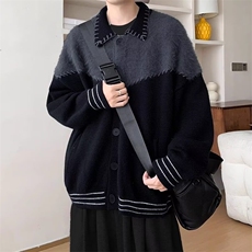 M255-P58拼色开衫毛衣男秋季外穿美式复古针织衫春秋款慵懒，男装针织衫/毛衣，电商B323A