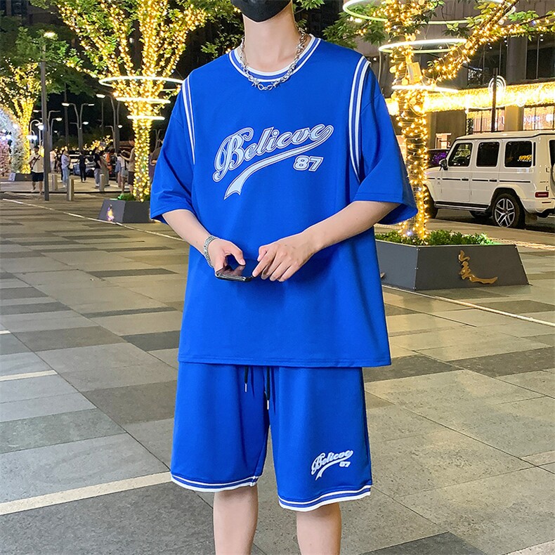 夏季时尚休闲套装假两件纯棉宽松短袖短裤篮球服男装F312P60控89,男装休闲套装,电商A086