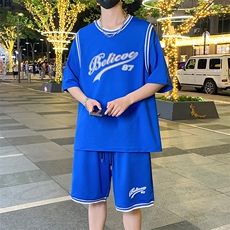 夏季时尚休闲套装假两件纯棉宽松短袖短裤篮球服男装F312P60控89，男装休闲套装，电商A086