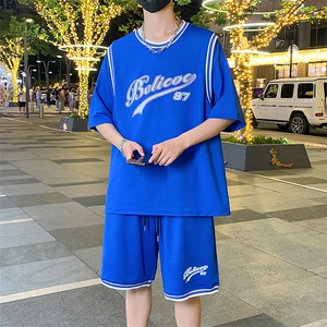 夏季时尚休闲套装假两件纯棉宽松短袖短裤篮球服男装F312P60控89图片