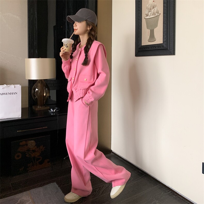 玫粉色小香风休闲运动套装女春秋2025新款高级感流行减龄两件套，女装套装/套裙，帛香坊