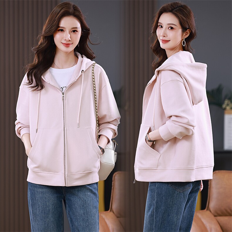 妈妈连帽短外套女2025春秋新款时尚休闲宽松卫衣粉色洋气减龄上衣，女装短外套，江忆布依