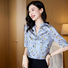 真丝衬衫女装短袖重磅桑蚕丝上衣衬衣大码V领t恤中老年妈妈装夏装，女装衬衫，阿舍尔精品