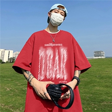 重磅纯棉落肩宽松短袖白墨印花T恤B219A-T2526-P25限38，男装T恤，电商B219A