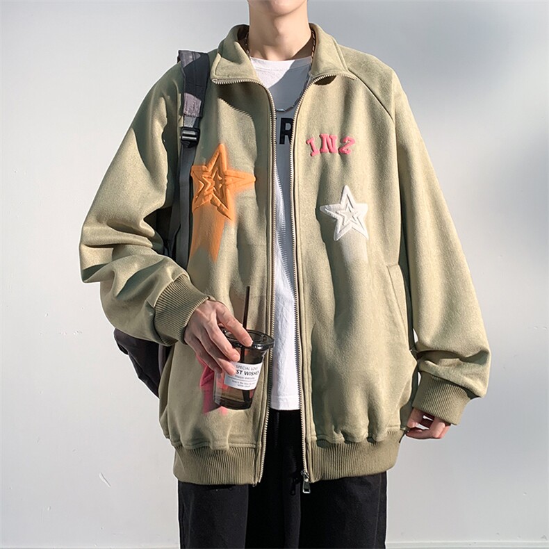 J6618P68光影墙抖音高品质星星印花宽松麂皮绒翻领夹克外套,男装夹克,电商A026-1